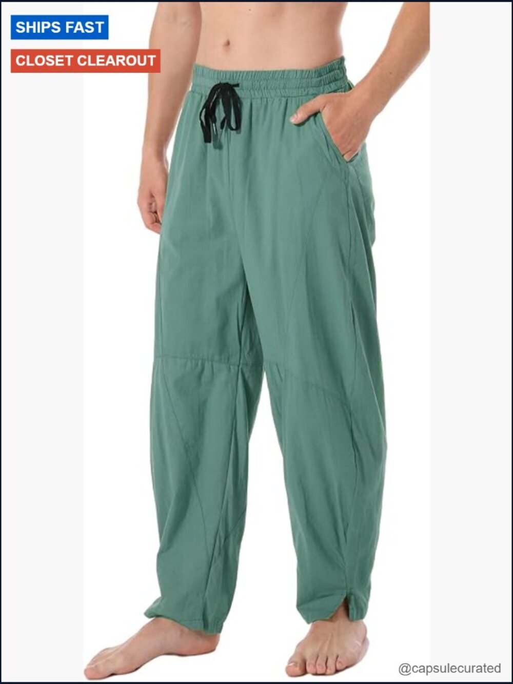 Men's Linen Cotton Loose Fit Elastic Waist Drawstring Summer Beach Pants